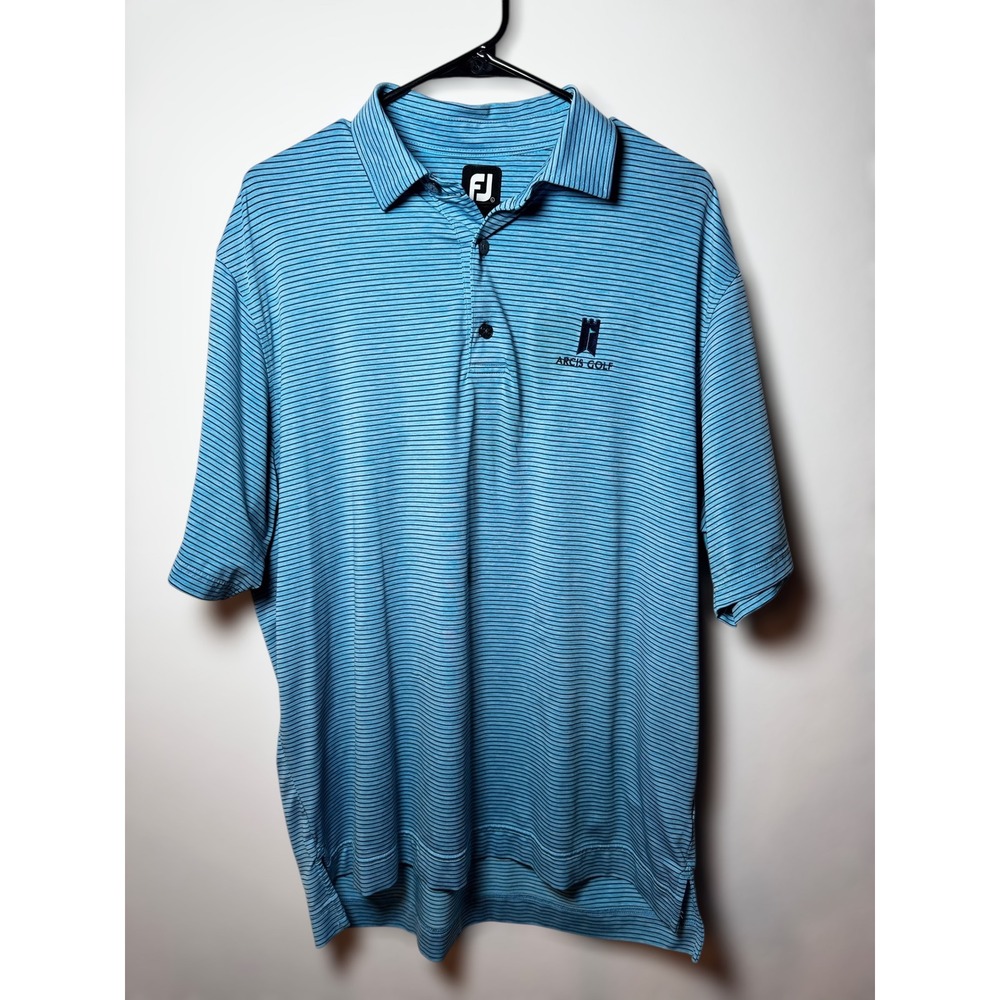 Footjoy FJ Mens Blue Stripe Golf Polo Shirt Arcis Golf‎ Logo Size L